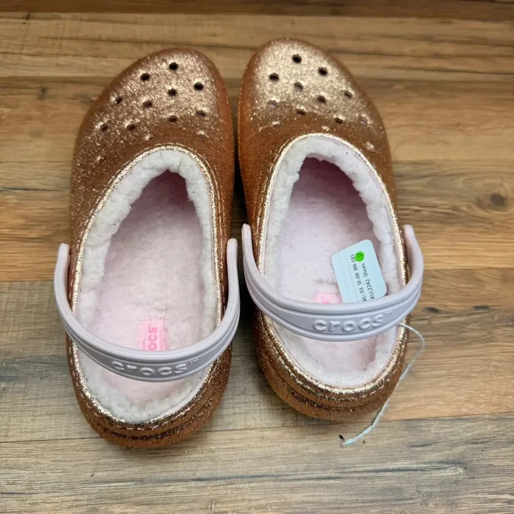 Crocs Girls Size J6 Classic Glitter Lined Clog Gold/Pink